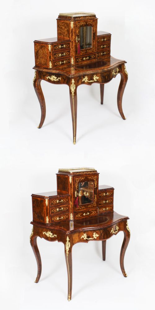 Antique Pair Burr Walnut & Marquetry Bonheur Du Jours Consoles Desks 19thc