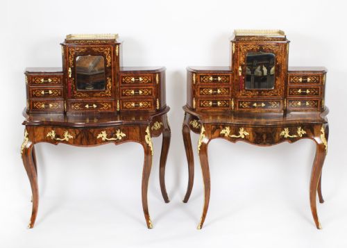 fig 2. Antique Pair Burr Walnut & Marquetry Bonheur Du Jours Consoles Desks 19thC