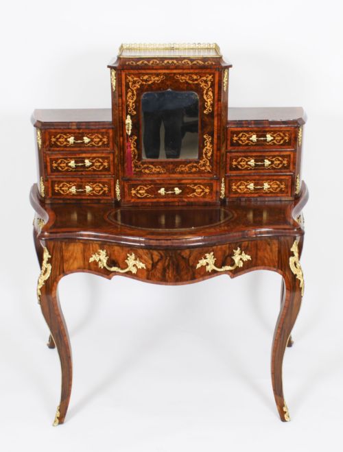 fig 1. Antique Victorian Burr Walnut & Marquetry Bonheur Du Jour Desk 19th C