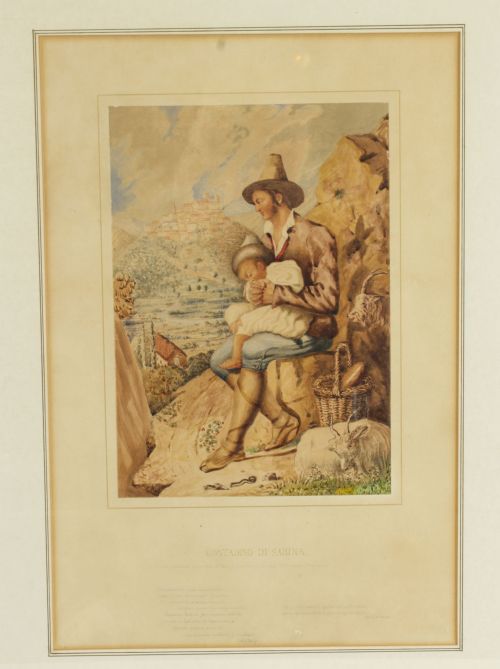 ANTIQUE ITALIAN WATER COLOUR TITLED CONTADINO DI SABINA 19TH C - ADDITIONAL PHOTO 1