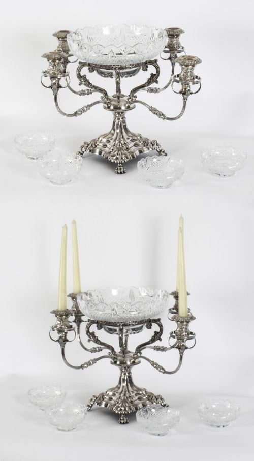 fig 1. Antique English Silver Plate Cut Glass Epergne Candelabra Centrepiece Circa 1830