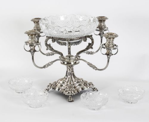 fig 2. Antique English Silver Plate Cut Glass Epergne Candelabra Centrepiece Circa 1830