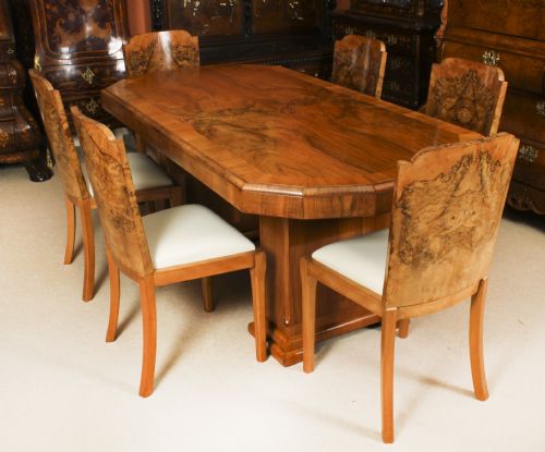 Antique Art Deco Burr Walnut Dining Table & 6 Shaped Back Chairs C1920 20th C