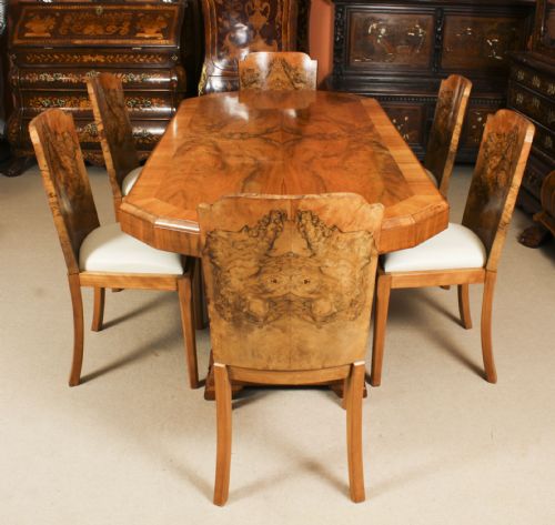 fig 1. Antique Art Deco Burr Walnut Dining Table & 6 Shaped Back Chairs C1920 20th C