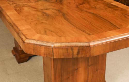 fig 8. Antique Art Deco Burr Walnut Dining Table & 6 Shaped Back Chairs C1920 20th C
