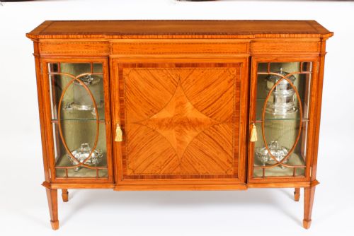 fig 1. Antique Victorian Satinwood Breakfront Display Cabinet 19th C