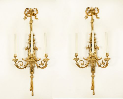 Antique Monumental Pair 4ft Ormolu Three Branch Wall Lights Appliques 19th C