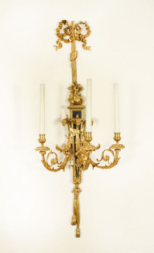 fig 1. Antique Monumental Pair 4ft Ormolu Three Branch Wall Lights Appliques 19th C