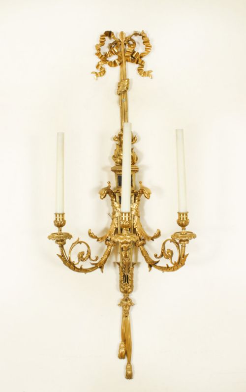 fig 2. Antique Monumental Pair 4ft Ormolu Three Branch Wall Lights Appliques 19th C