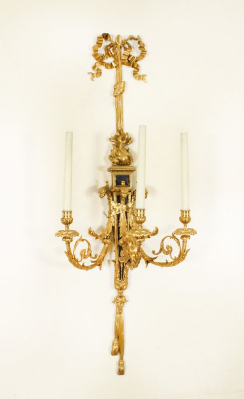 fig 3. Antique Monumental Pair 4ft Ormolu Three Branch Wall Lights Appliques 19th C