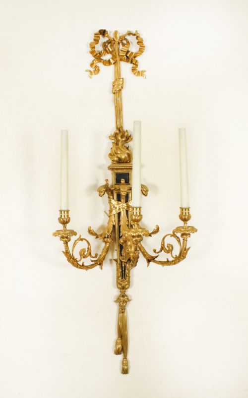 fig 4. Antique Monumental Pair 4ft Ormolu Three Branch Wall Lights Appliques 19th C
