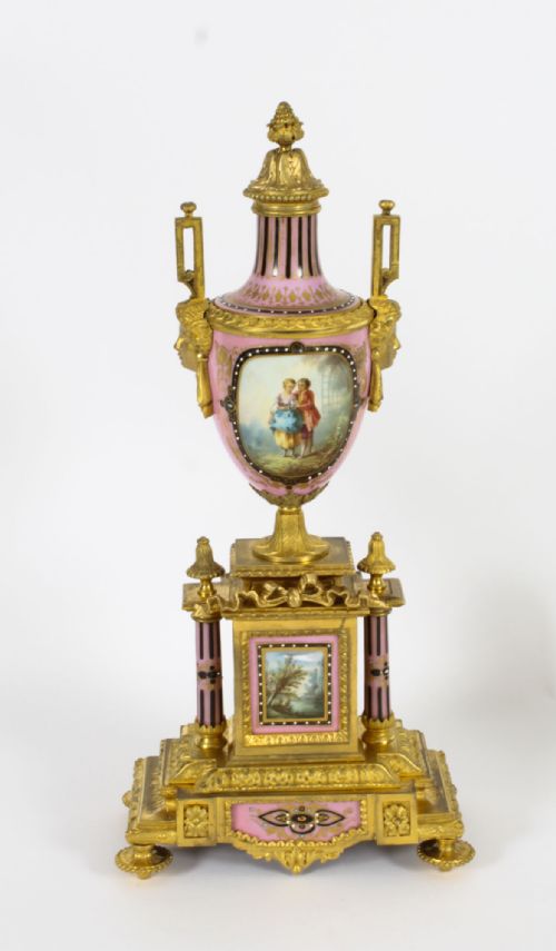 fig 2. Antique Pair French Sevres Porcelain and Ormolu Urns on Stands 19th C