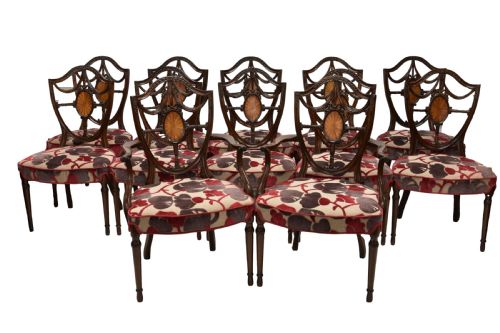 Antique Set 12 Hepplewhite Mahogany Dining Chairs 19th Century