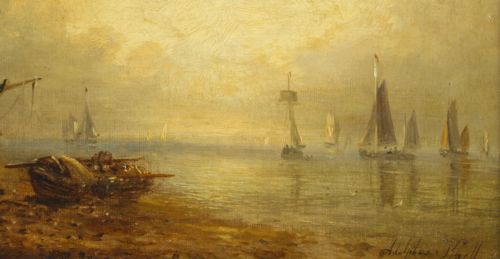 fig 1. Antique Pair Waterscape Oil Paintings by William Adolphus Knell 19th C