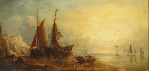 fig 3. Antique Pair Waterscape Oil Paintings by William Adolphus Knell 19th C