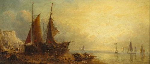 fig 4. Antique Pair Waterscape Oil Paintings by William Adolphus Knell 19th C