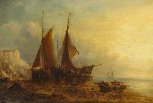 fig 5. Antique Pair Waterscape Oil Paintings by William Adolphus Knell 19th C