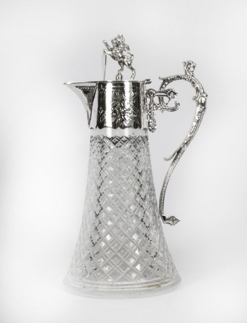 fig 1. Antique Victorian Silver Plated and Cut Crystal Claret Jug 19th C