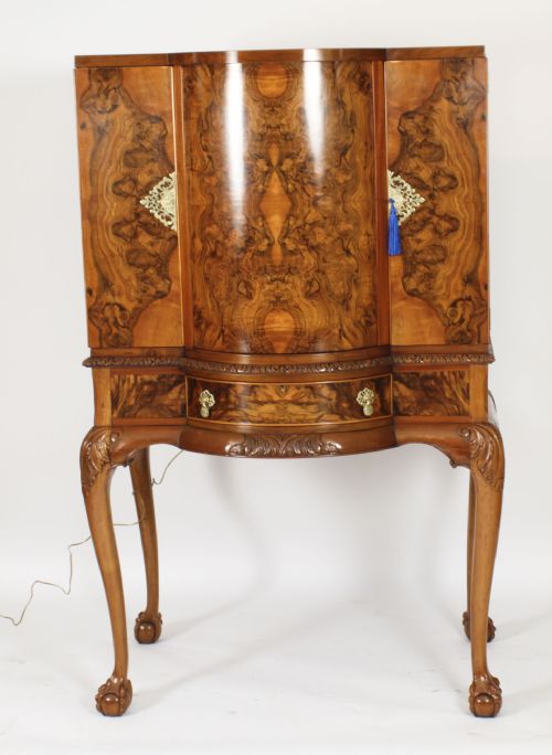 fig 1. Antique Burr Walnut Cocktail Drinks Dry Bar Cabinet & Glassware C1920