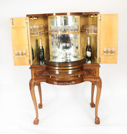 fig 3. Antique Burr Walnut Cocktail Drinks Dry Bar Cabinet & Glassware C1920