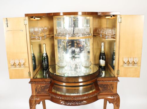 fig 4. Antique Burr Walnut Cocktail Drinks Dry Bar Cabinet & Glassware C1920