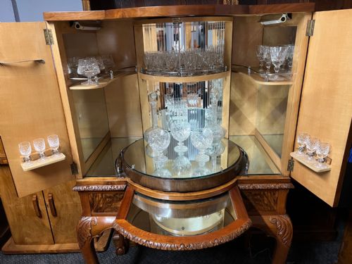 fig 5. Antique Burr Walnut Cocktail Drinks Dry Bar Cabinet & Glassware C1920