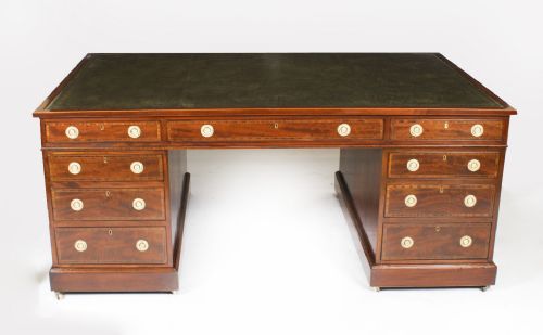 fig 2. Antique 6ft George III Mahogany Crossbanded Partners Pedestal Desk 19th C
