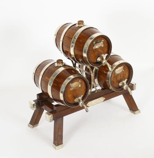 Antique Oak Silver Plated Three Oak Barrel Decanters on Stand 19th C
