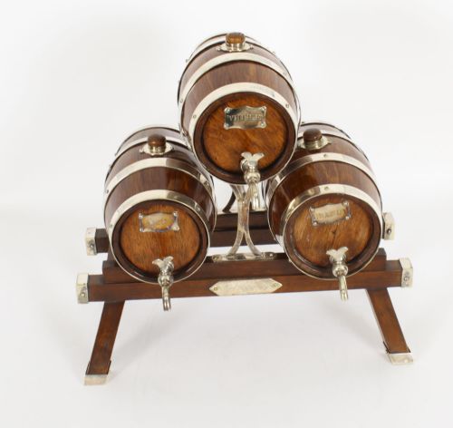 fig 1. Antique Oak Silver plated Three Oak Barrel Decanters on Stand 19th C