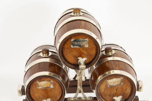 fig 2. Antique Oak Silver plated Three Oak Barrel Decanters on Stand 19th C