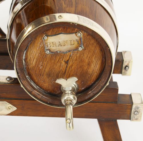 fig 3. Antique Oak Silver plated Three Oak Barrel Decanters on Stand 19th C