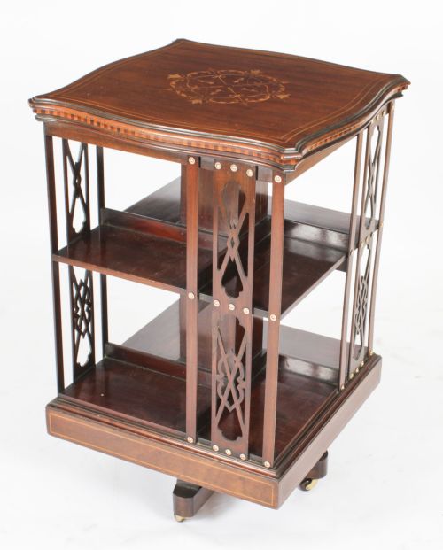 Antique Victorian Marquetry Inlaid Revolving Bookcase 19th C