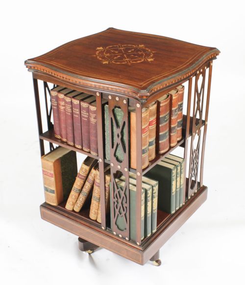fig 1. Antique Victorian Marquetry Inlaid Revolving Bookcase 19th C