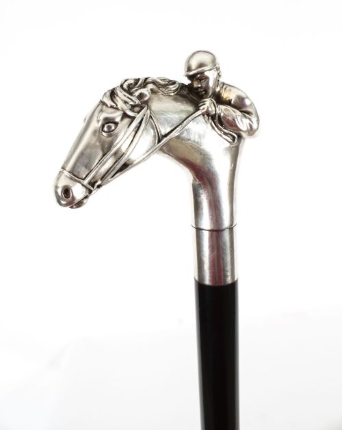 Antique Sterling Silver Horse & Jockey Walking Cane Stick 19th C