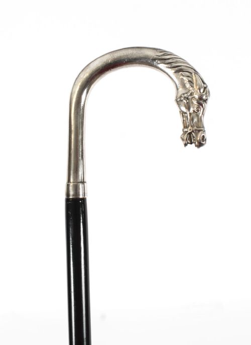 Antique French Silver Plate Horse Ebonized Walking Cane Stick Late 19th C