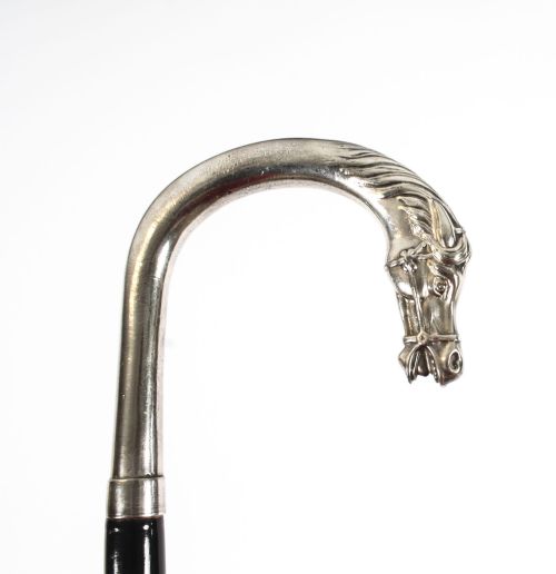 fig 1. Antique French Silver Plate Horse Ebonized Walking Cane Stick Late 19th C
