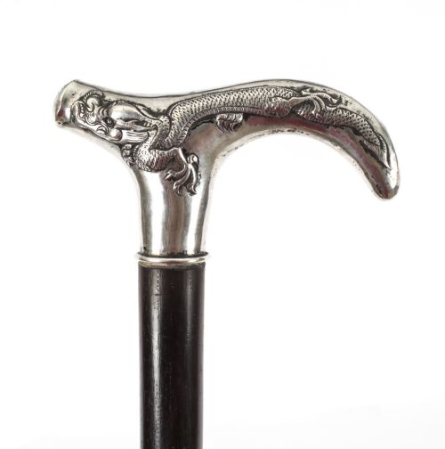 Antique Chinese Silver Walking Stick Cane with Dragon Handle 19th Century