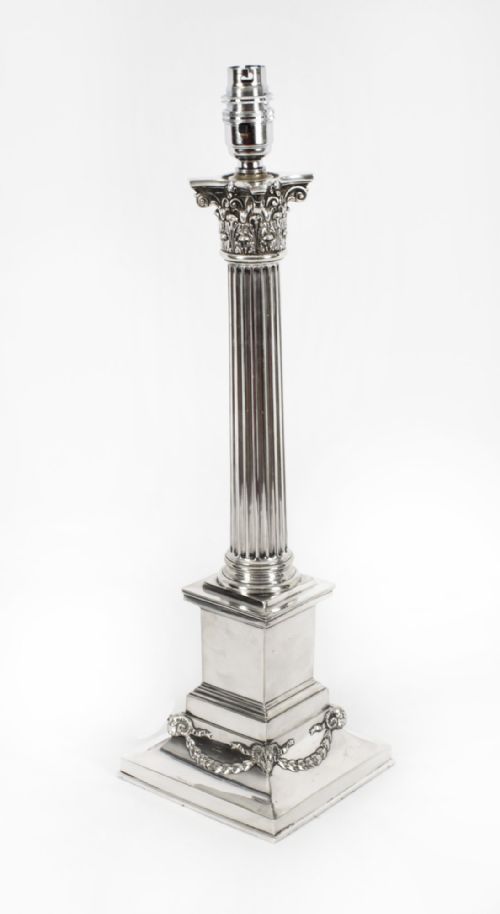 Antique Victorian Silver Plated Corinthian Column Table Lamp 19th C