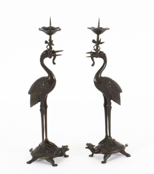 Antique Pair Japanese Bronze Pricket Candlesticks 19th C