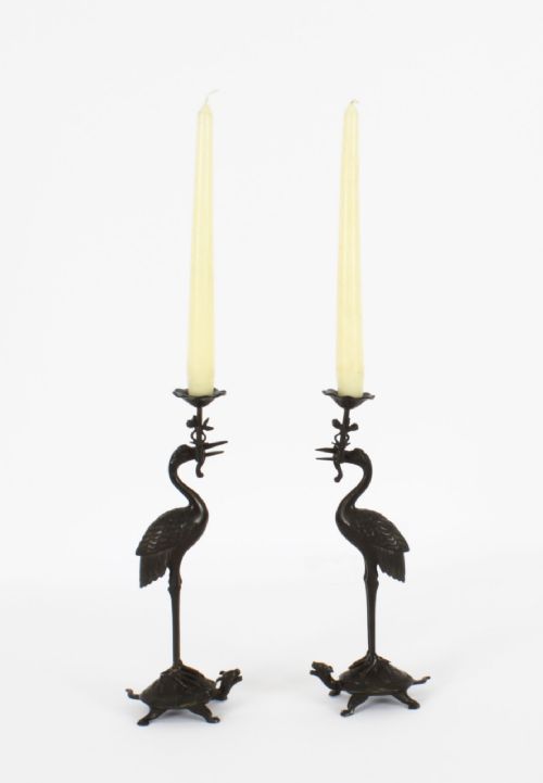 fig 1. Antique Pair Japanese Bronze Pricket Candlesticks 19th C