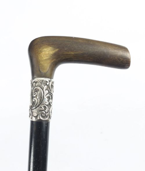 Antique Victorian Horn Handled Walking Cane Stick Silver Handle 19thc