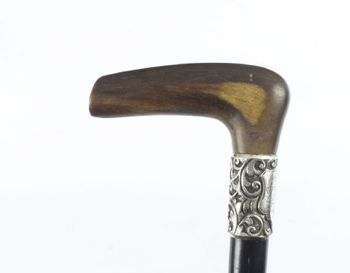 fig 1. Antique Victorian Horn Handled Walking Cane Stick Silver Handle 19thC