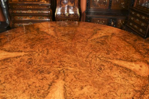 fig 3. Antique 7ft Diam Burr Walnut Jupe Dining Table Circa 1900