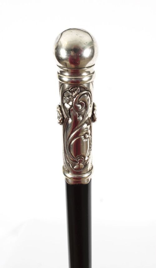 Antique French Art Nouveau Silver & Ebonized Walking Stick Dated 1890