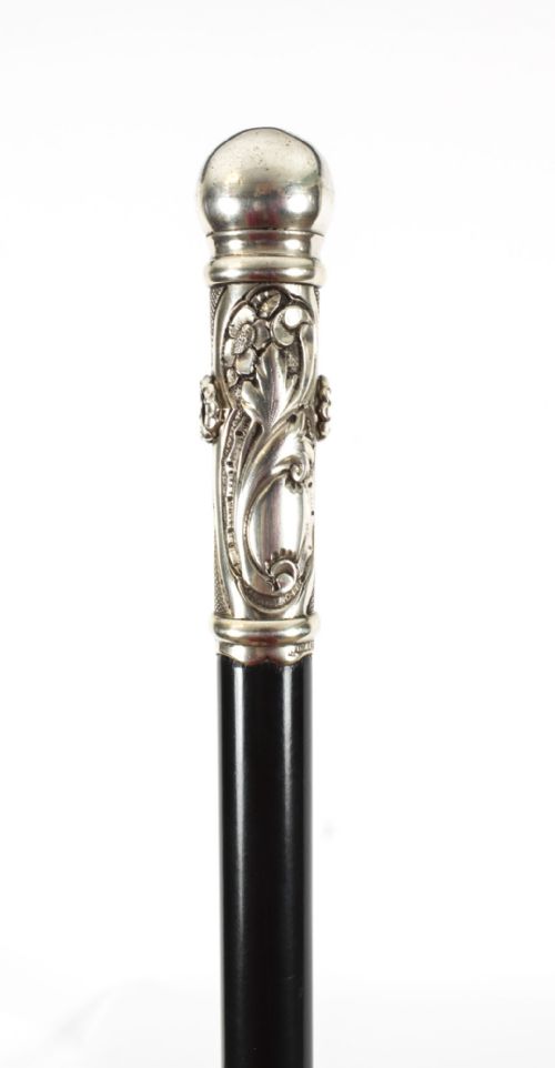 fig 1. Antique French Art Nouveau Silver & Ebonized Walking Stick Dated 1890