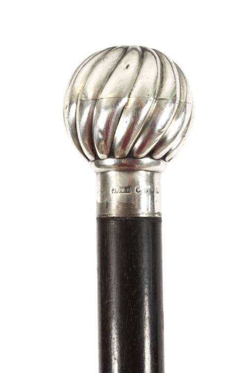 Antique English Silver Ebonized Walking Stick Cane by John Grinsell Dated 1886