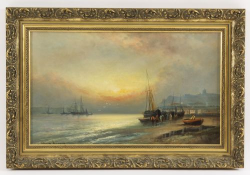 Antique Painting "Sunset at Low Tide" William Langley 19th Century