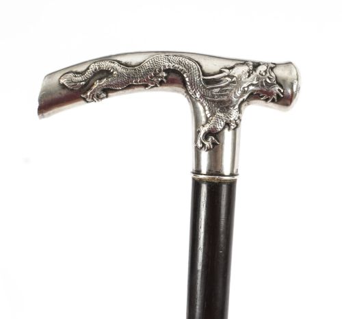 Antique Dragon Chinese Silver Walking Stick Cane C1880