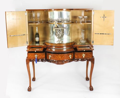 fig 1. Antique Large Burr Walnut Cocktail Drinks Dry Bar Cabinet Circa 1920