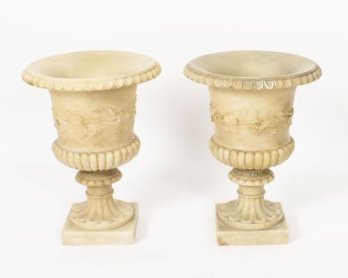 Antique Pair Grand Tour Alabaster Campana Urns 19th C